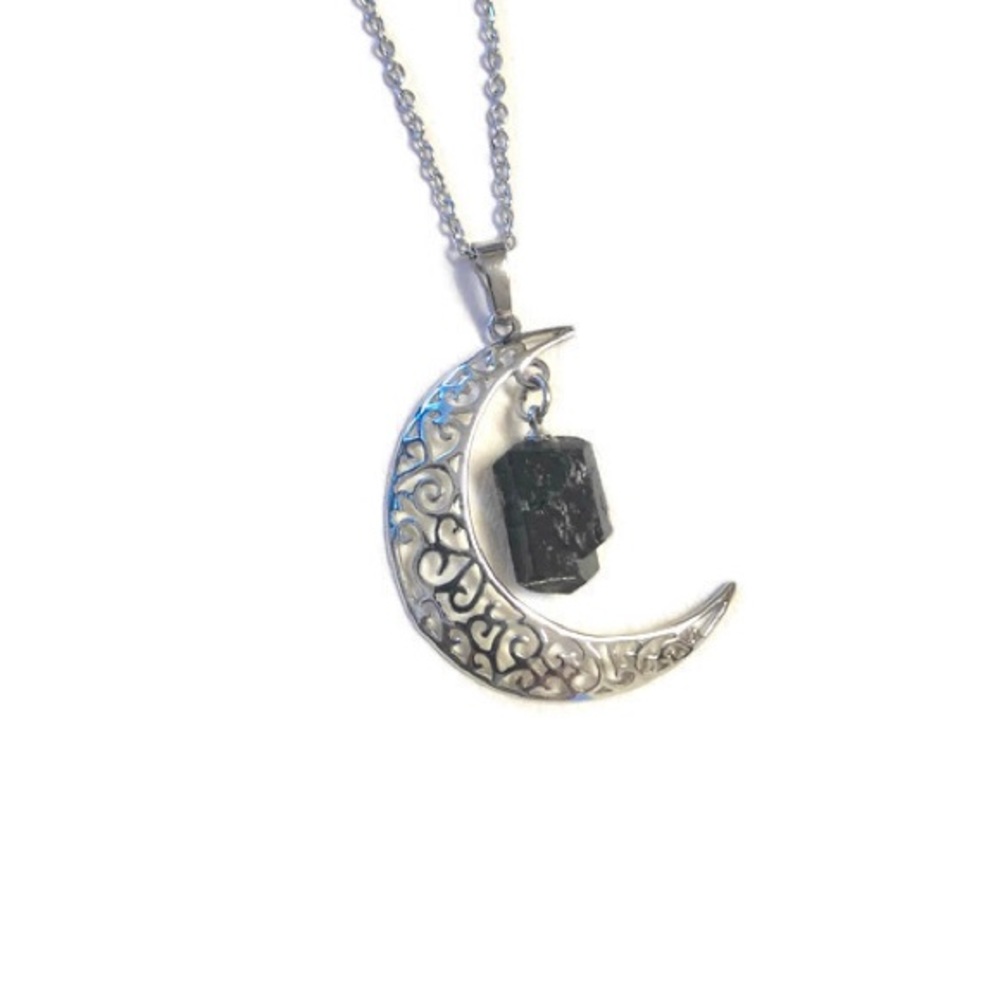 Moon Black Tourmaline Silver Reiki Necklace
